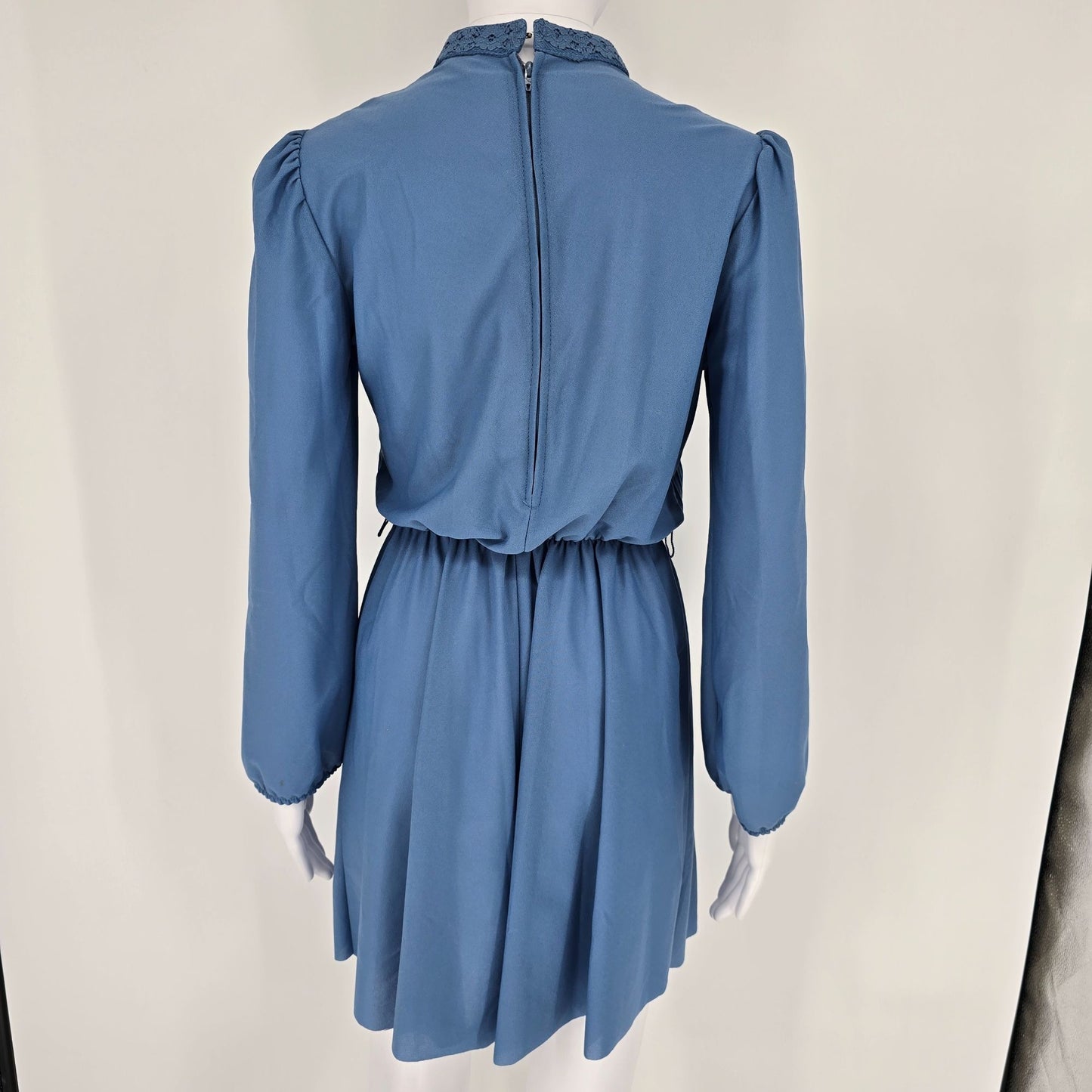 Vintage 1980s JCPenney Blue Pleated High Neck Prairie Revival Mini Dress (S)