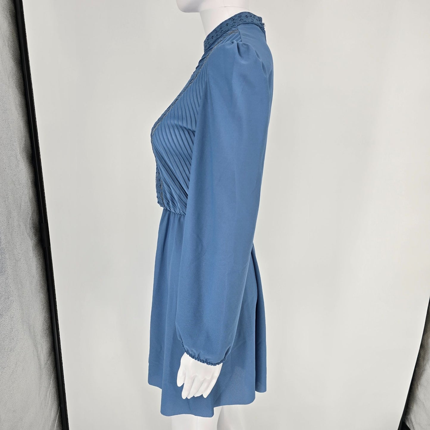 Vintage 1980s JCPenney Blue Pleated High Neck Prairie Revival Mini Dress (S)