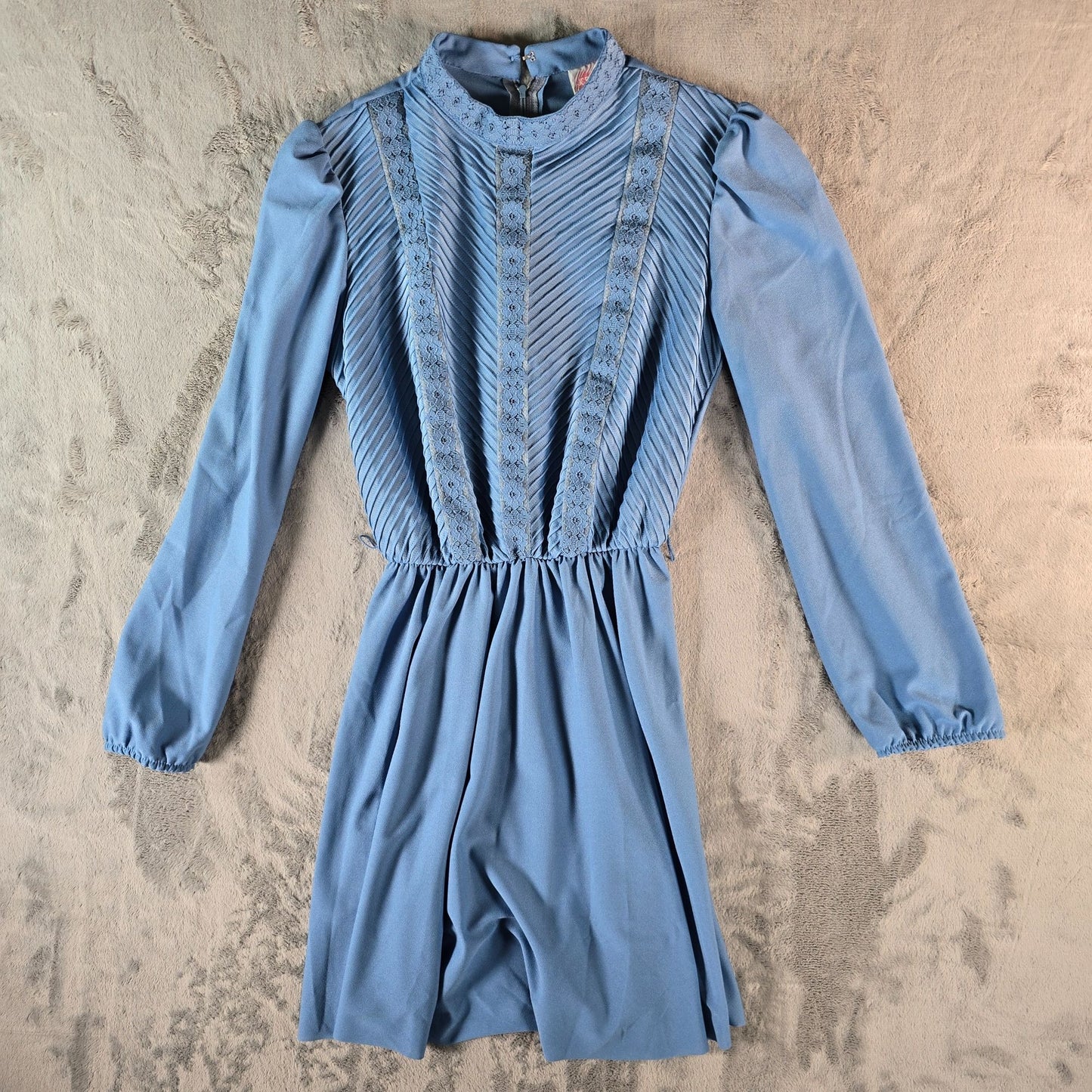 Vintage 1980s JCPenney Blue Pleated High Neck Prairie Revival Mini Dress (S)
