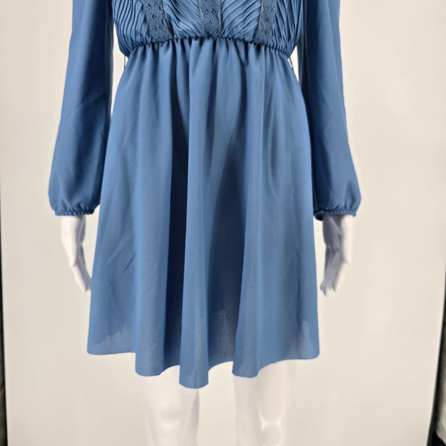 Vintage 1980s JCPenney Blue Pleated High Neck Prairie Revival Mini Dress (S)