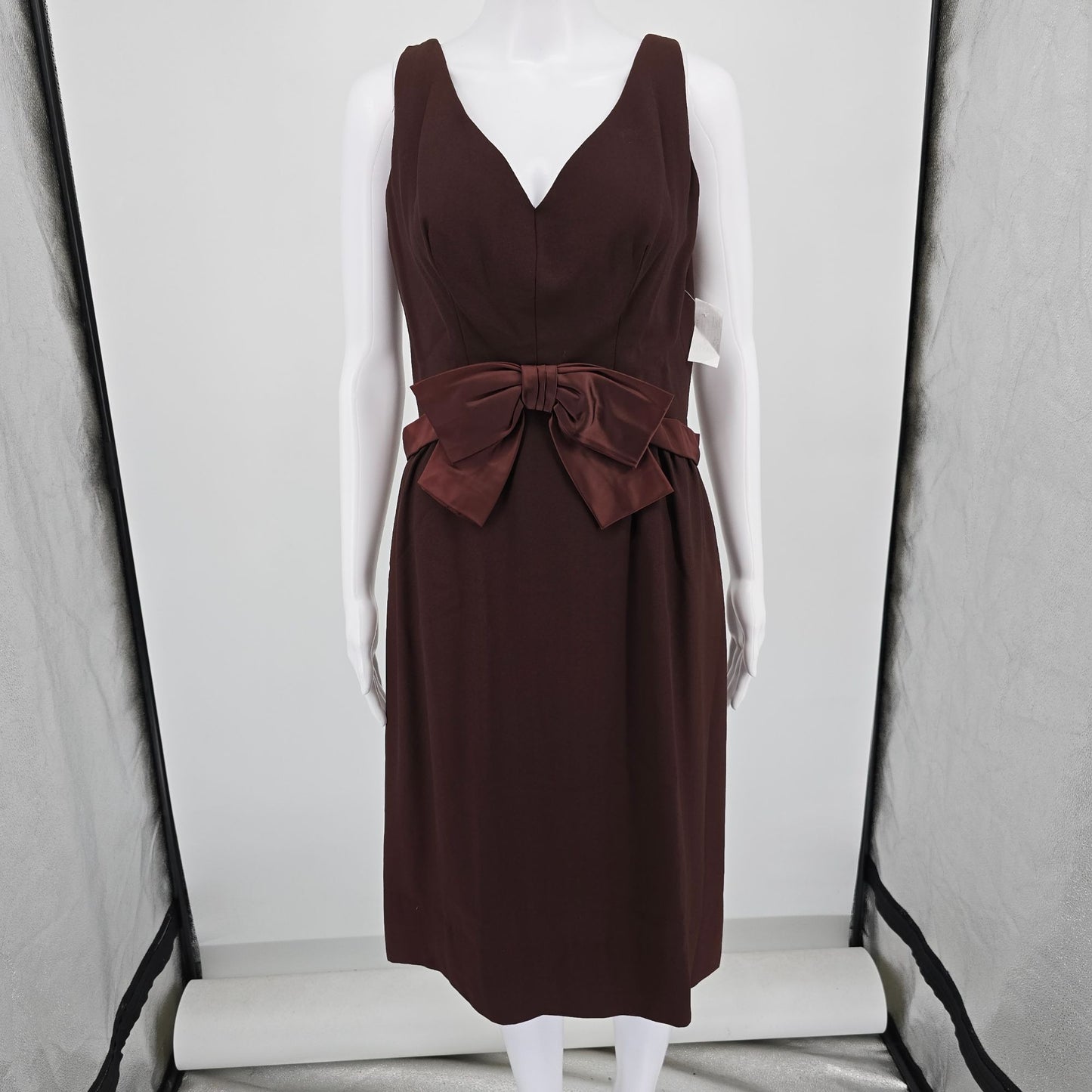 Vintage 1960s Gale Mitchell Brown Sleeveless Satin Bow Midi Cocktail Dress (M)