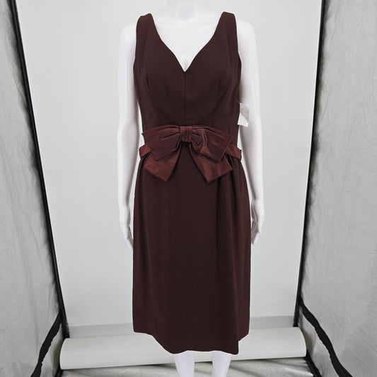 Vintage 1960s Gale Mitchell Brown Sleeveless Satin Bow Midi Cocktail Dress (M)