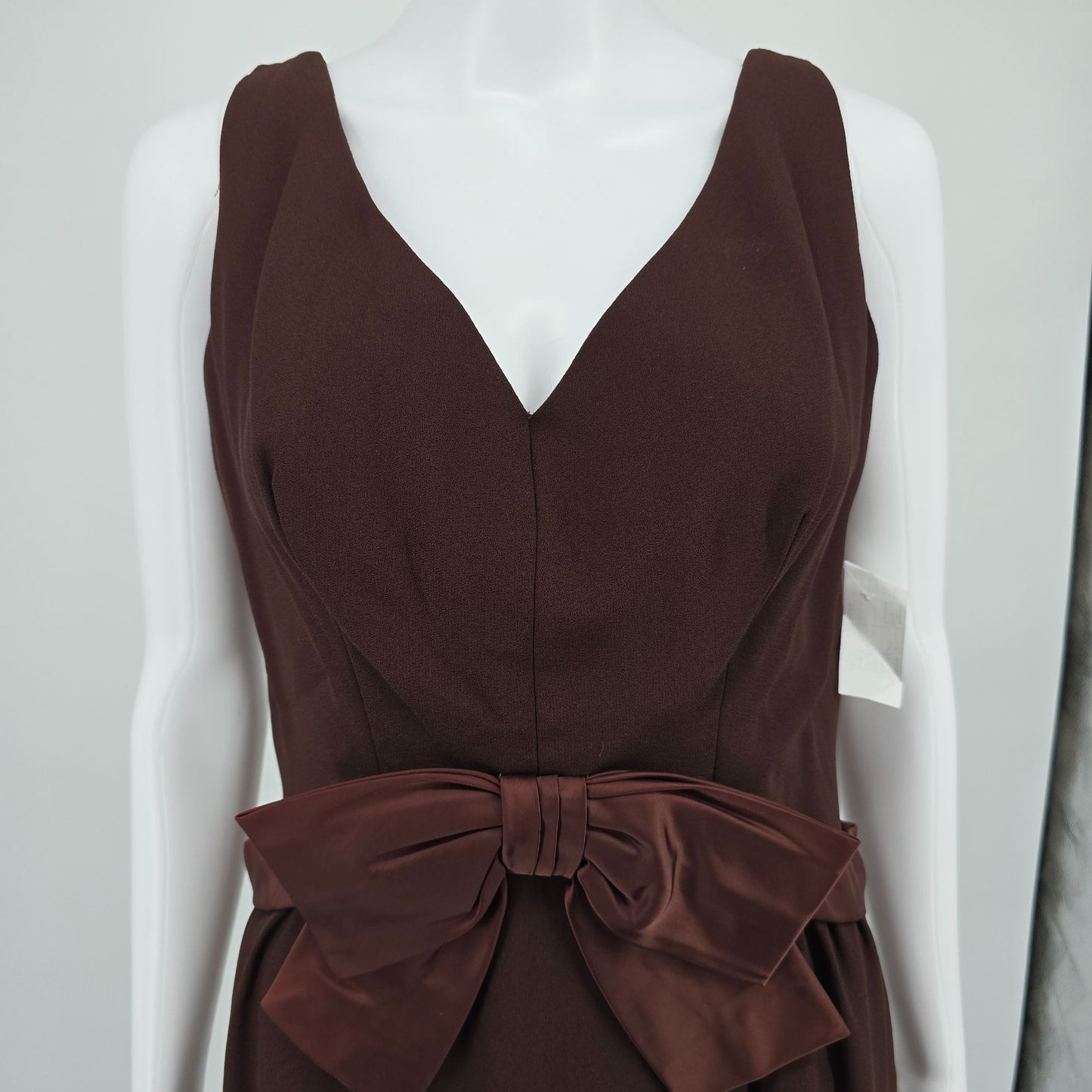 Vintage 1960s Gale Mitchell Brown Sleeveless Satin Bow Midi Cocktail Dress (M)
