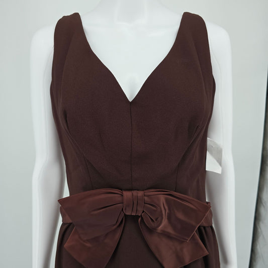 Vintage 1960s Gale Mitchell Brown Sleeveless Satin Bow Midi Cocktail Dress (M)