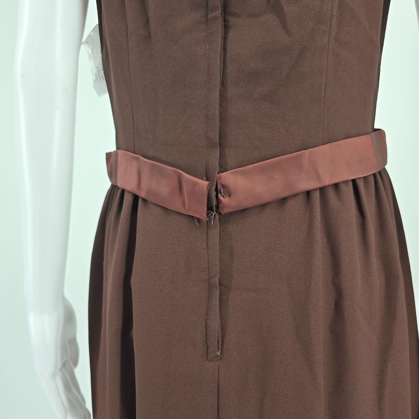 Vintage 1960s Gale Mitchell Brown Sleeveless Satin Bow Midi Cocktail Dress (M)