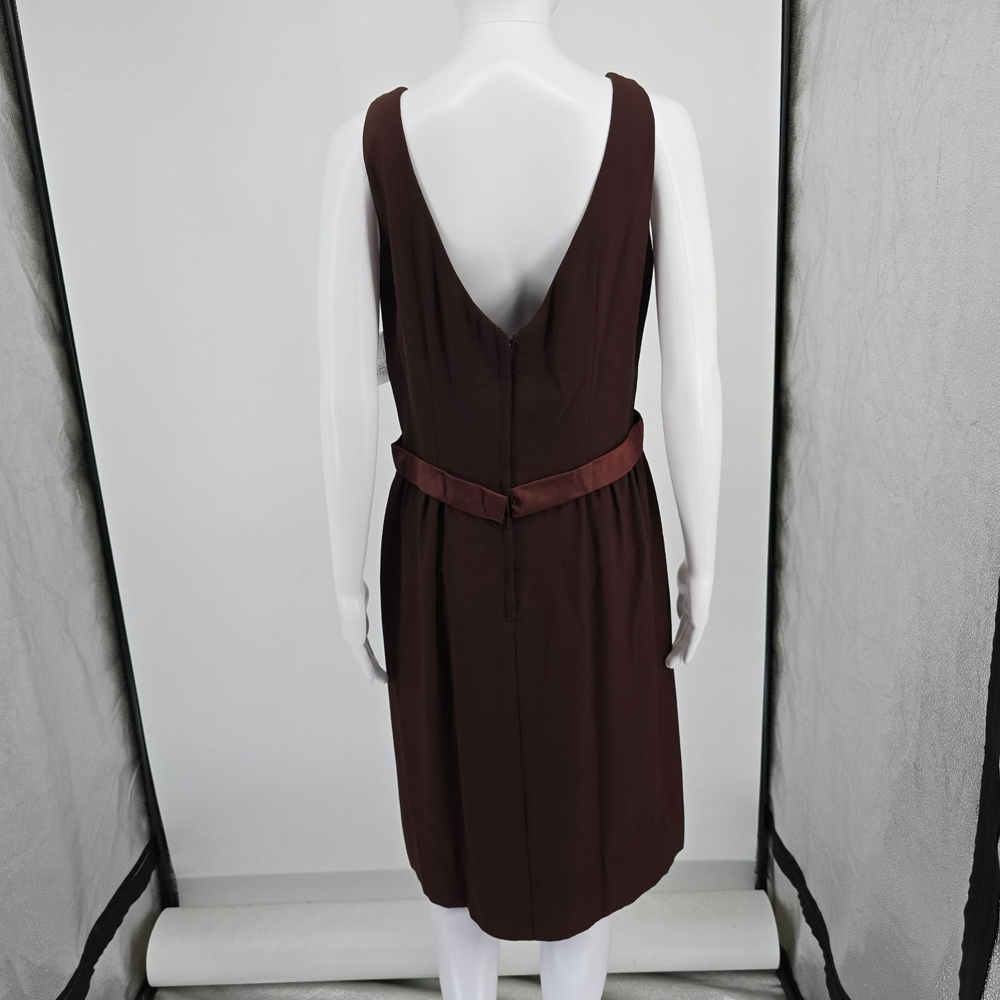 Vintage 1960s Gale Mitchell Brown Sleeveless Satin Bow Midi Cocktail Dress (M)