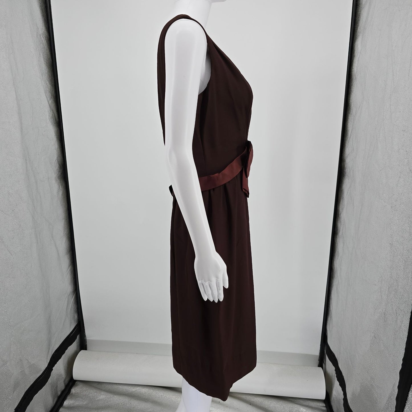 Vintage 1960s Gale Mitchell Brown Sleeveless Satin Bow Midi Cocktail Dress (M)