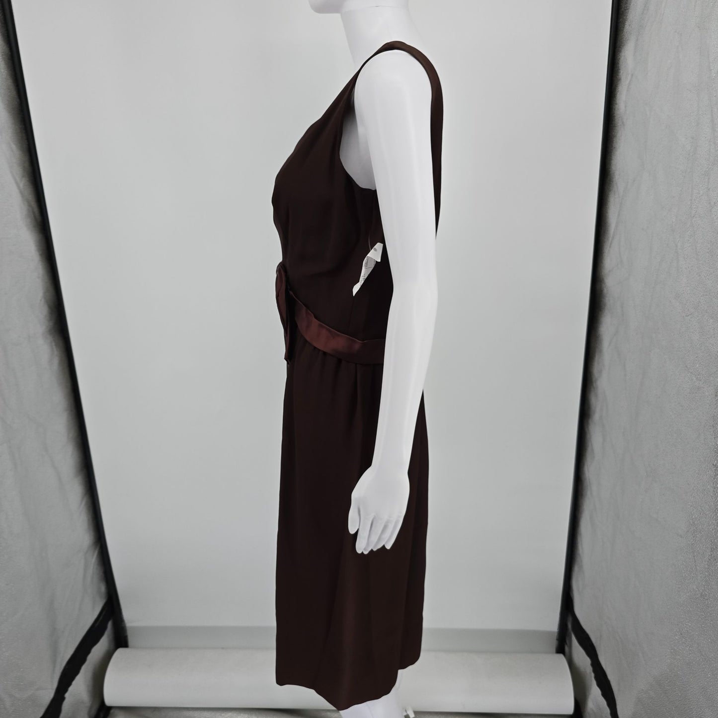Vintage 1960s Gale Mitchell Brown Sleeveless Satin Bow Midi Cocktail Dress (M)
