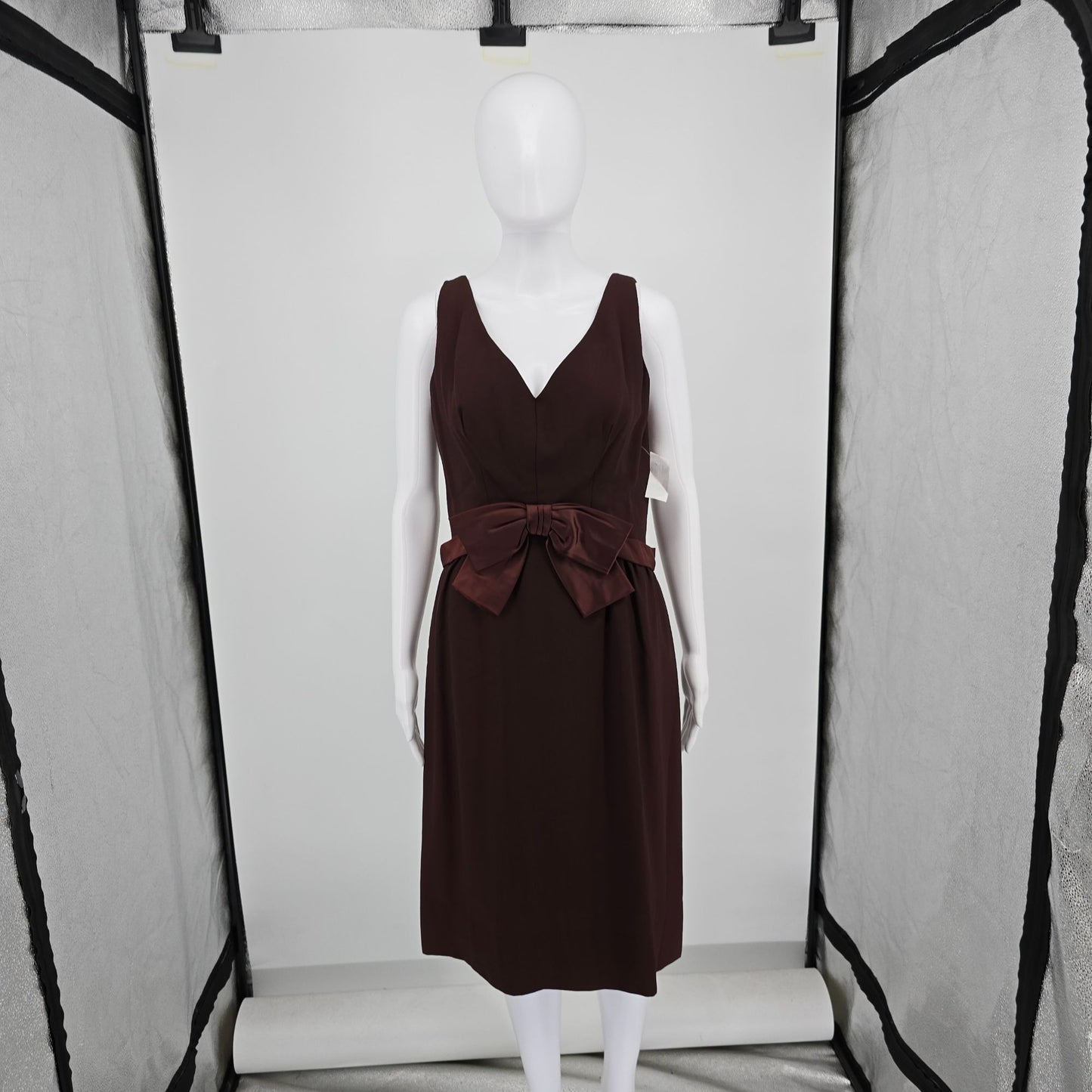 Vintage 1960s Gale Mitchell Brown Sleeveless Satin Bow Midi Cocktail Dress (M)
