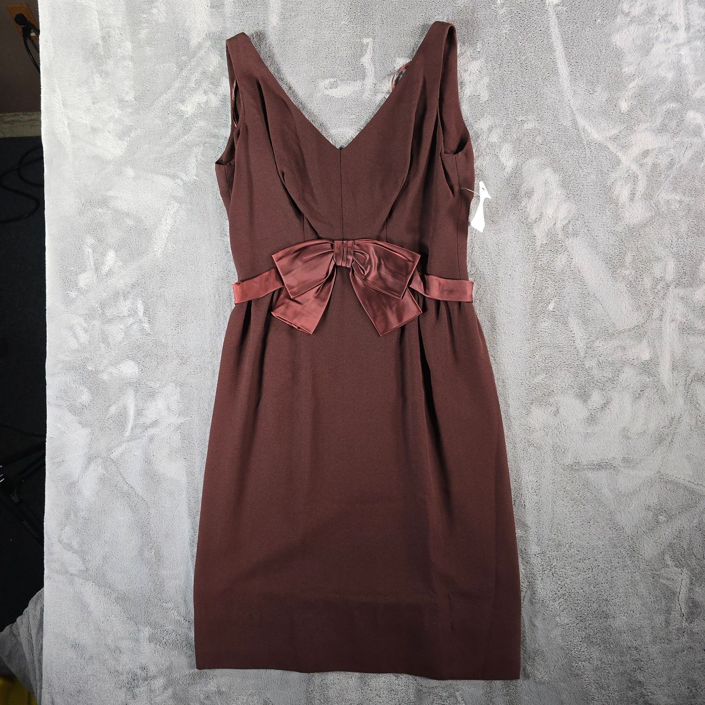 Vintage 1960s Gale Mitchell Brown Sleeveless Satin Bow Midi Cocktail Dress (M)