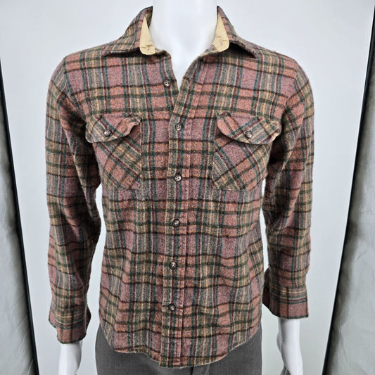 Vintage 1980s Arrow Sportswear Mens Pink Plaid Wool Blend Flannel Shirt (XS/S)