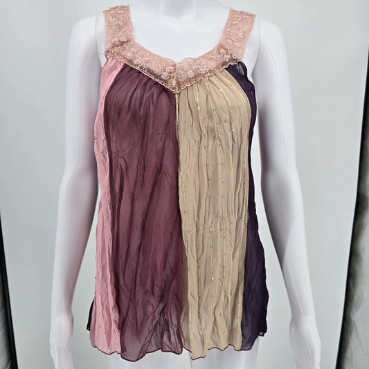 Vintage Y2k Japanese Market Boho Colorblock Sheer Crinkle Chiffon Tank Top (S)