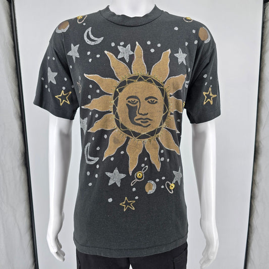 Vintage 1990s Wetpaint Hand Painted Celestial Glitter Art Sun/Moon T-Shirt (XL)