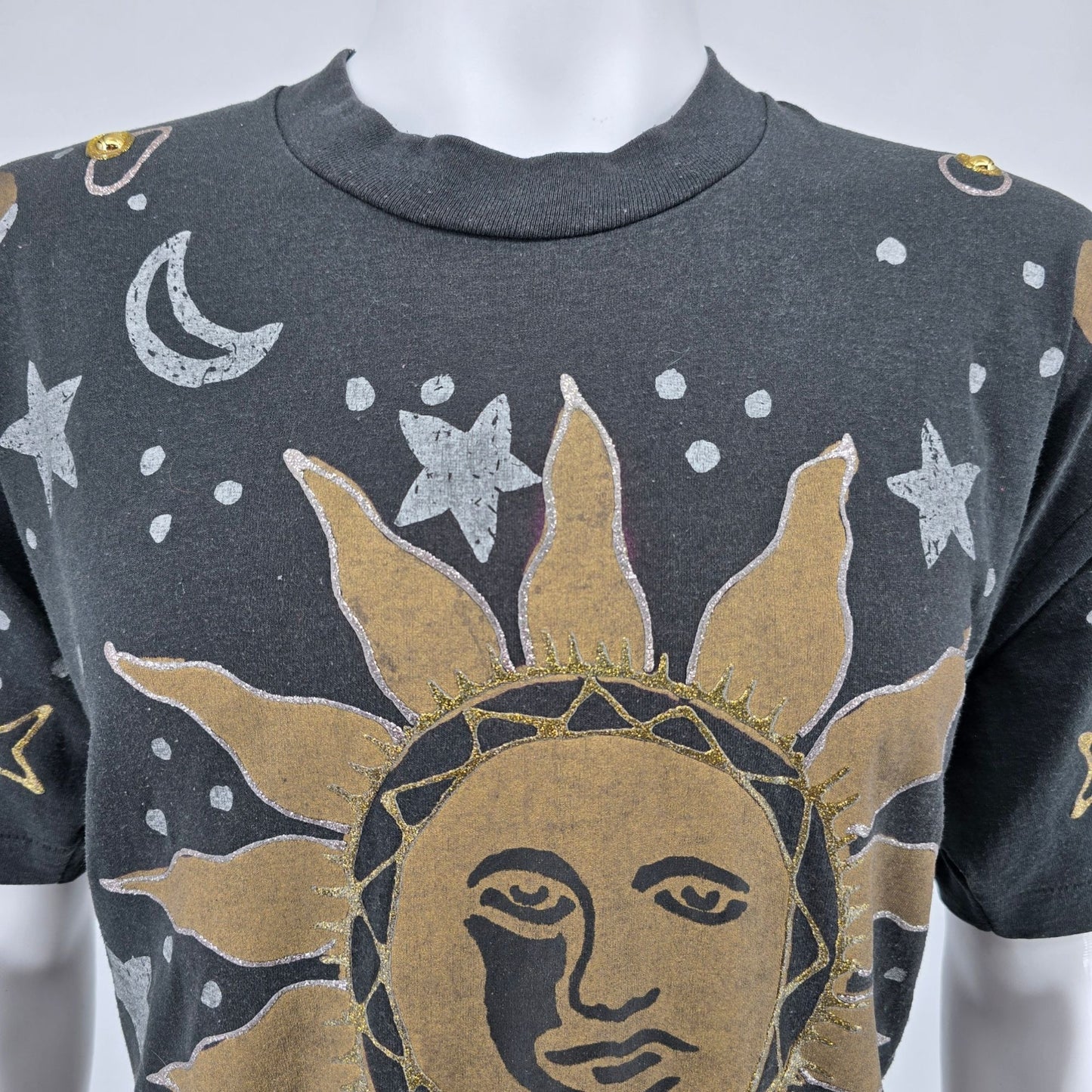 Vintage 1990s Wetpaint Hand Painted Celestial Glitter Art Sun/Moon T-Shirt (XL)