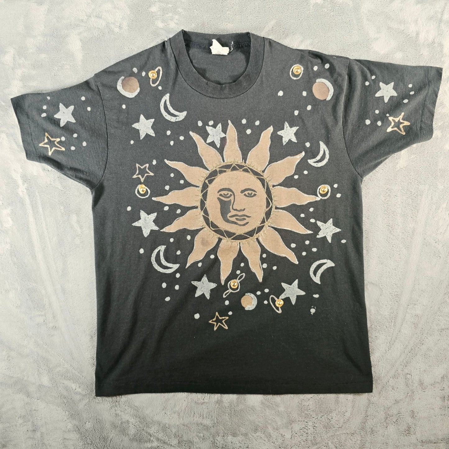 Vintage 1990s Wetpaint Hand Painted Celestial Glitter Art Sun/Moon T-Shirt (XL)