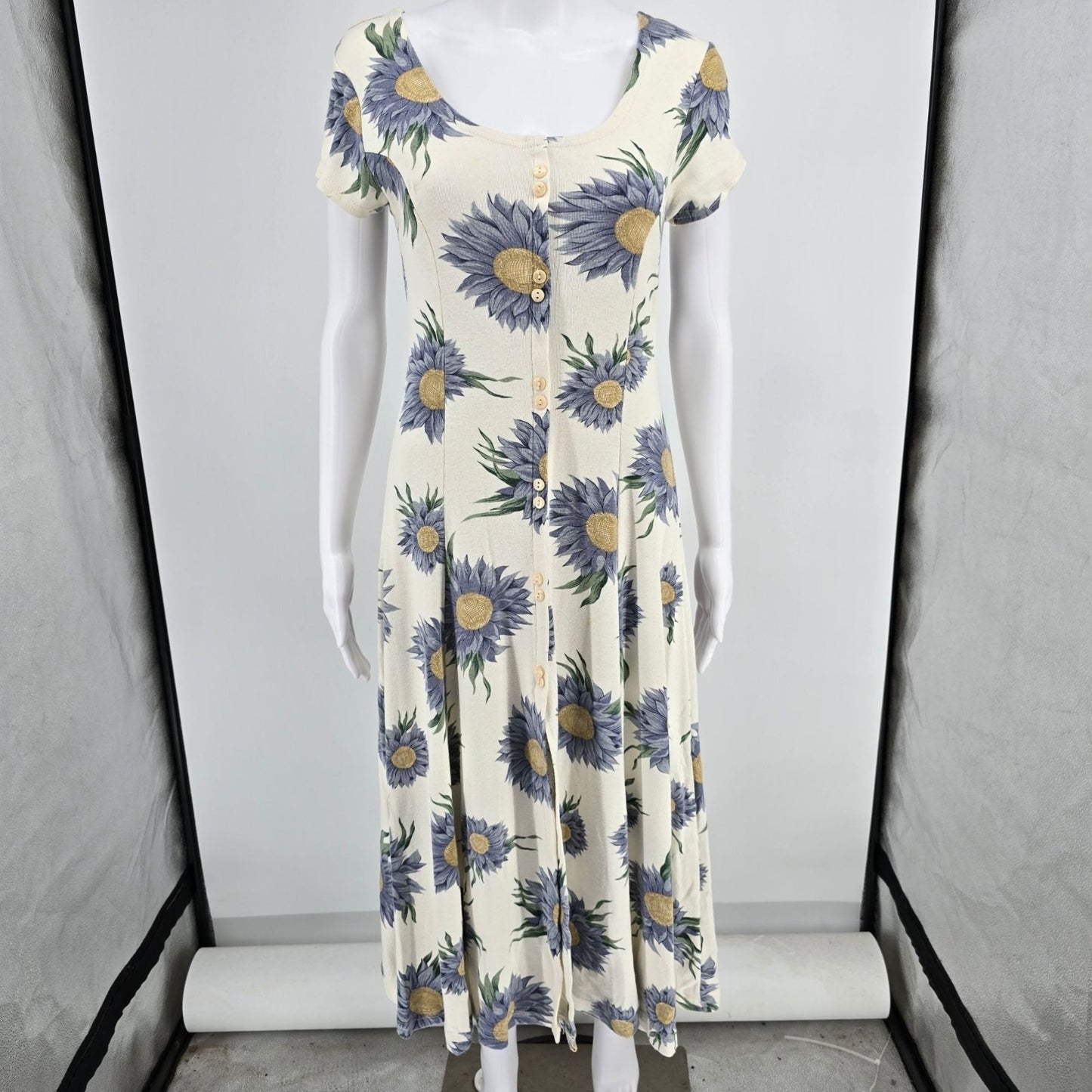 Vintage 1990s Cream/Blue Knit Floral Sunflower Print Button-Front Dress (XS)