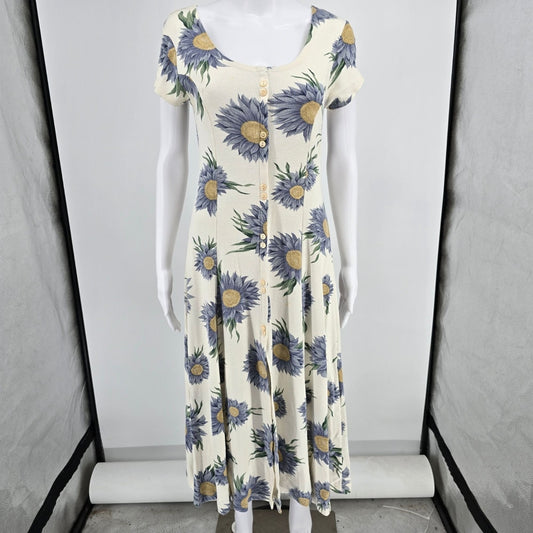 Vintage 1990s Cream/Blue Knit Floral Sunflower Print Button-Front Dress (XS)