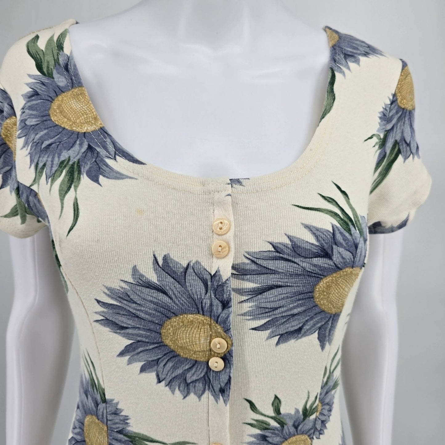 Vintage 1990s Cream/Blue Knit Floral Sunflower Print Button-Front Dress (XS)
