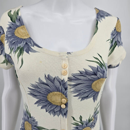 Vintage 1990s Cream/Blue Knit Floral Sunflower Print Button-Front Dress (XS)