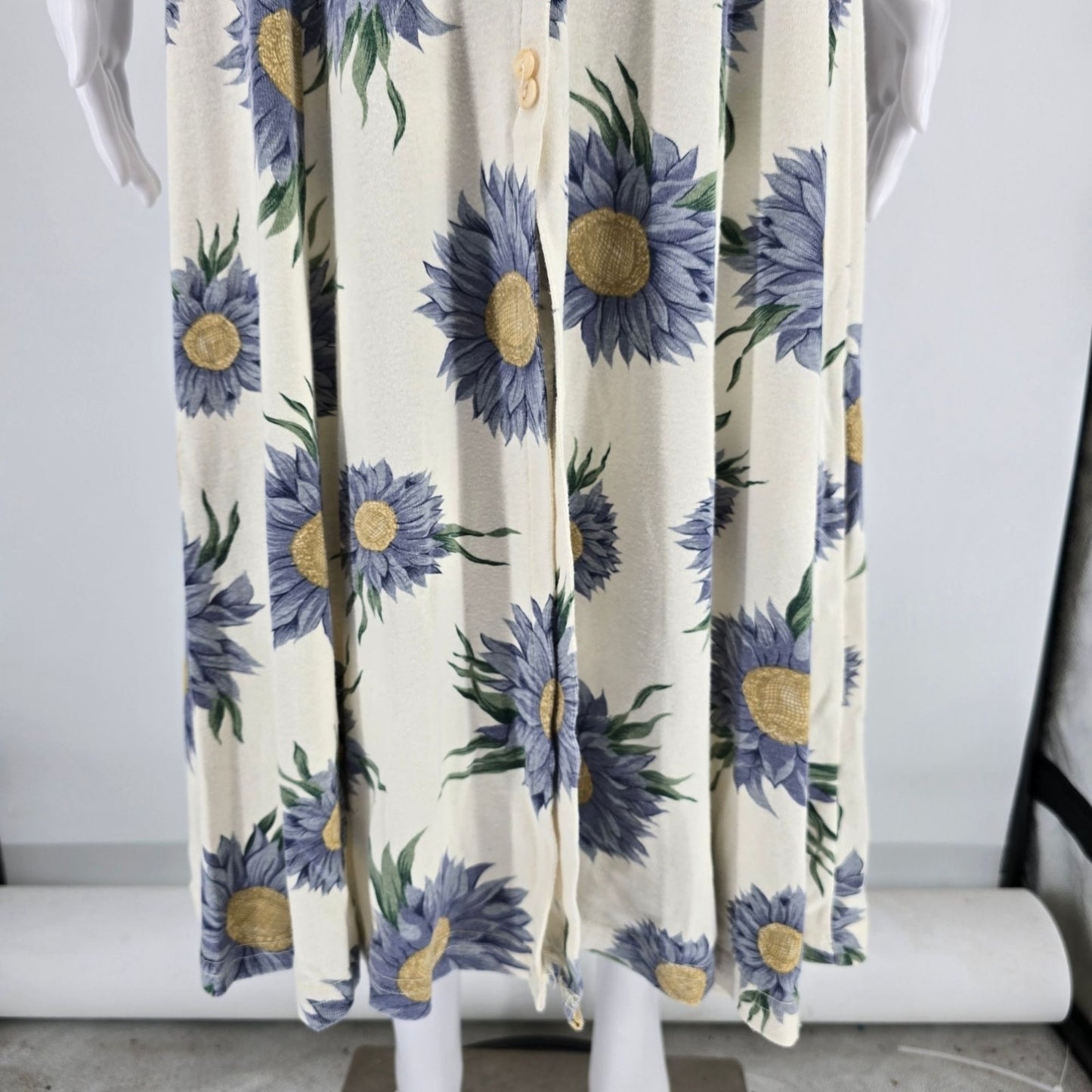 Vintage 1990s Cream/Blue Knit Floral Sunflower Print Button-Front Dress (XS)