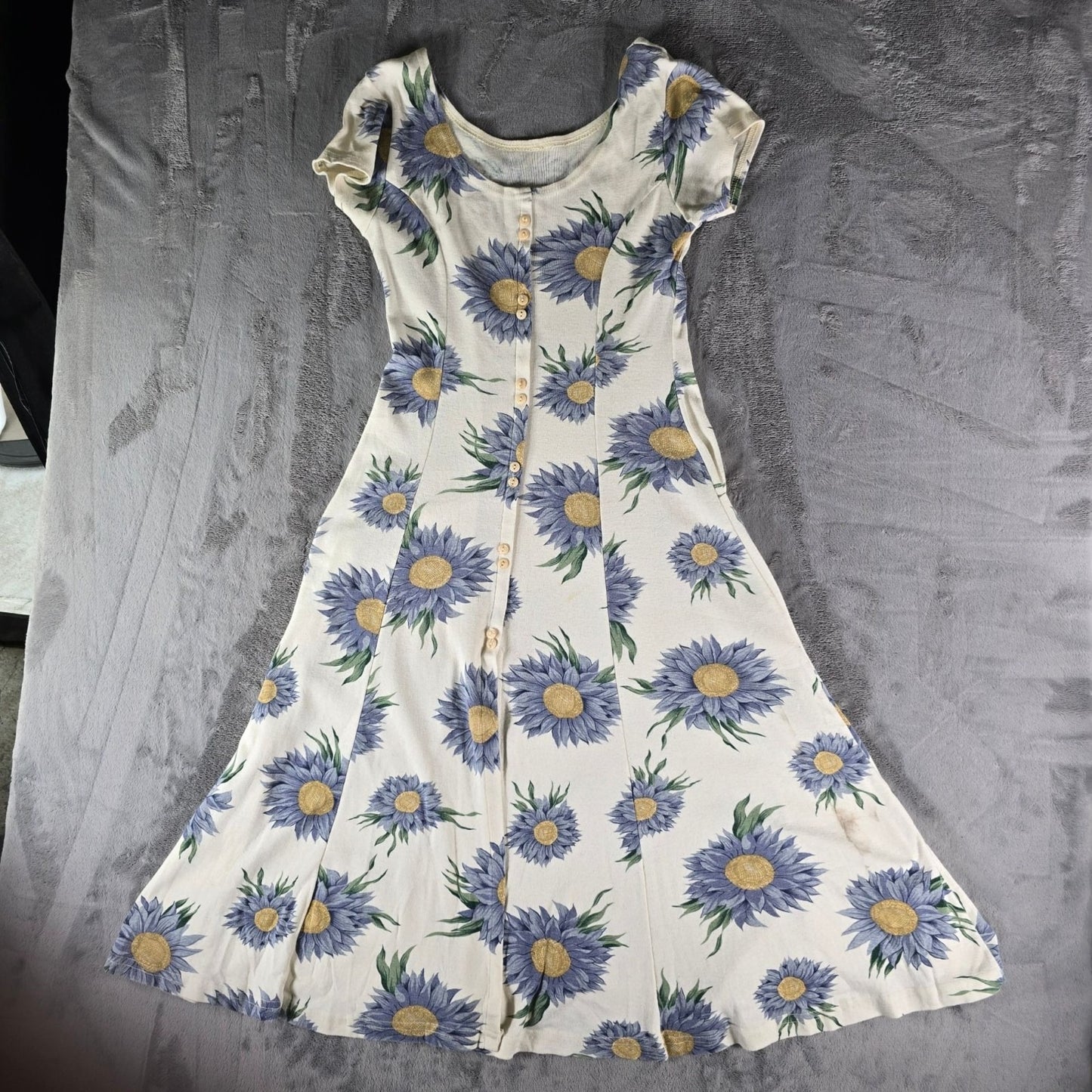 Vintage 1990s Cream/Blue Knit Floral Sunflower Print Button-Front Dress (XS)