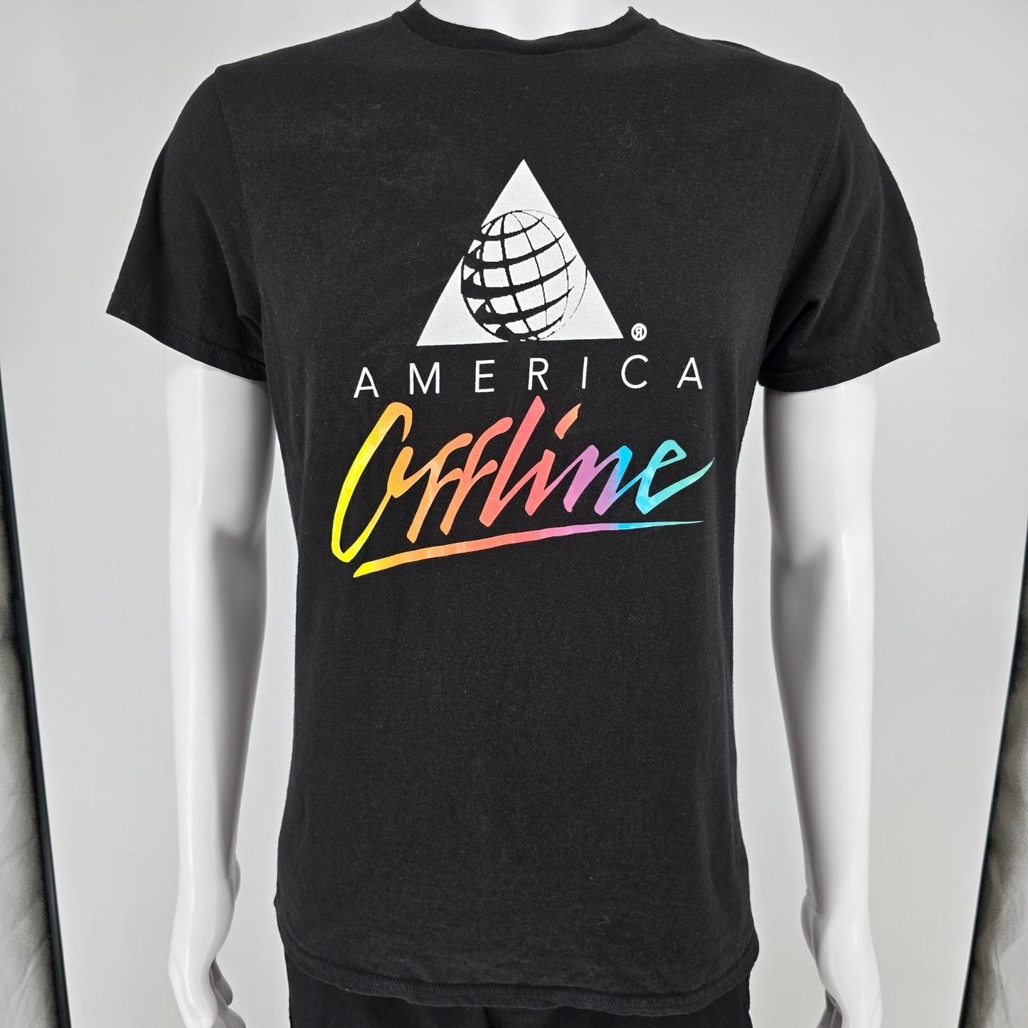 2010s "America Offline" America Online Rainbow Logo Parody Black T-Shirt (M)