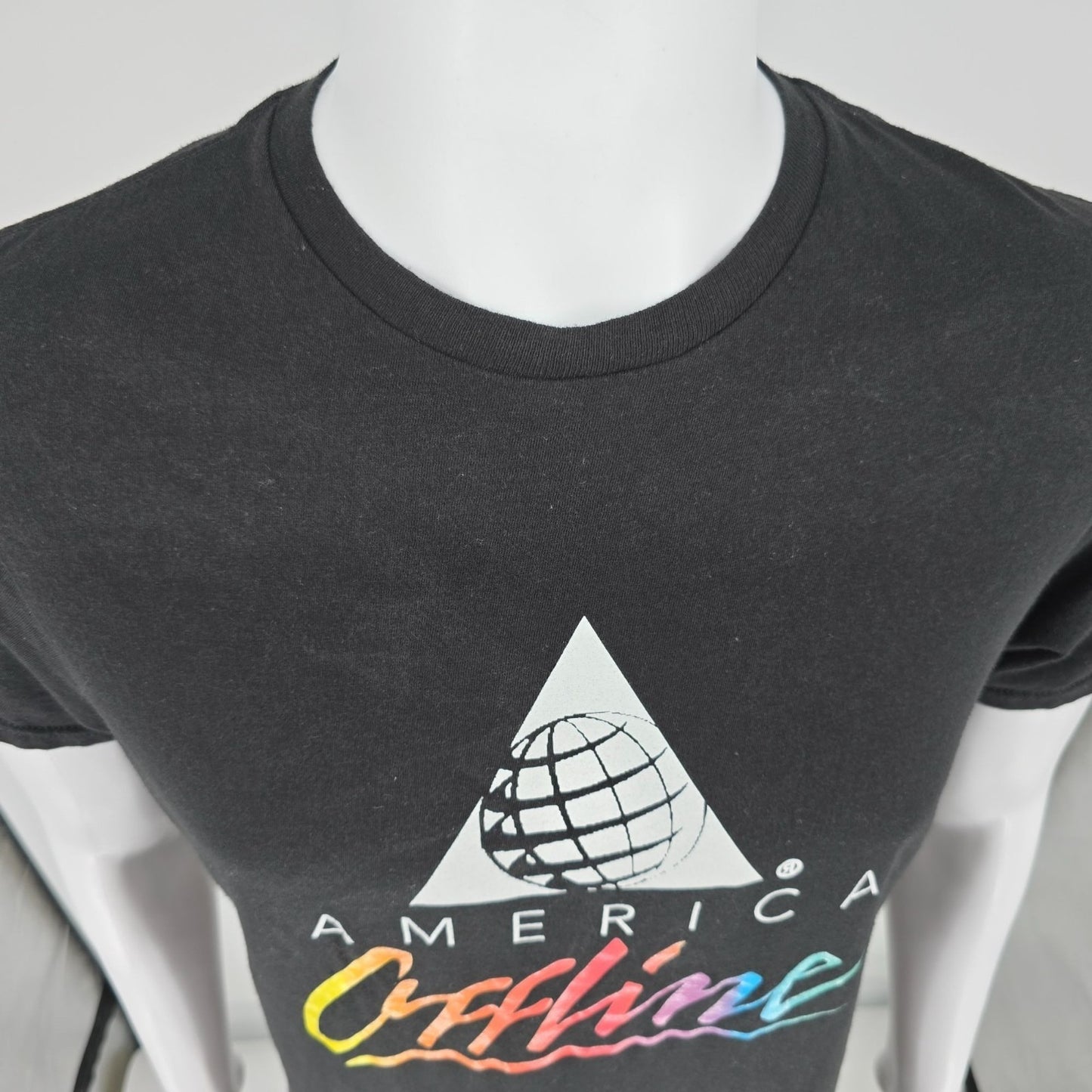 2010s "America Offline" America Online Rainbow Logo Parody Black T-Shirt (M)