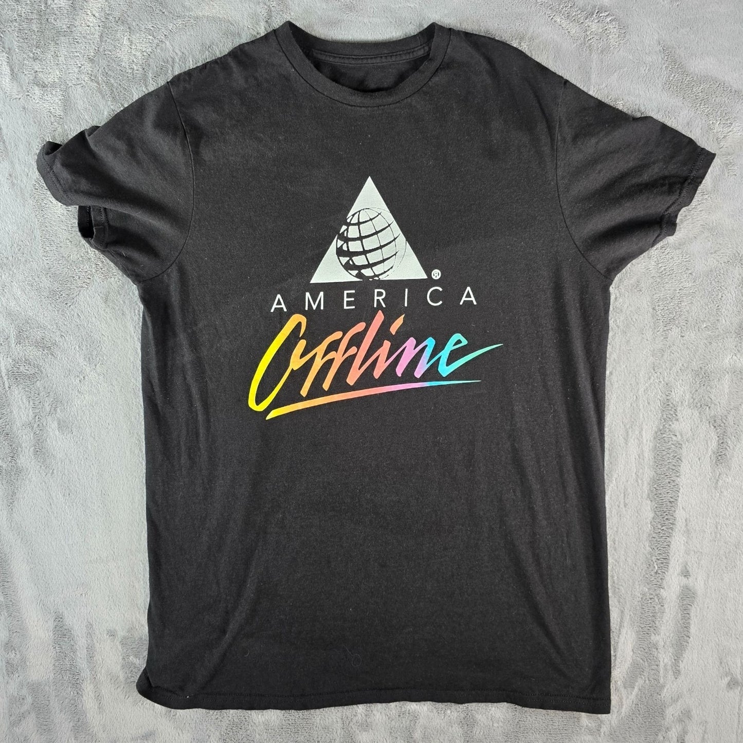 2010s "America Offline" America Online Rainbow Logo Parody Black T-Shirt (M)