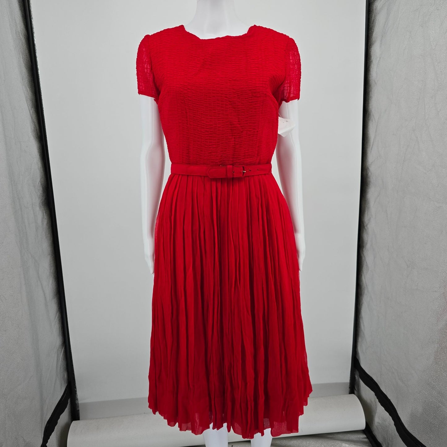 Vintage Late 1950s Syd Chicago Red Rayon Fit and Flare Belted Party Dress (S)