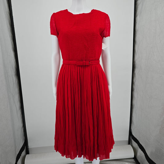 Vintage Late 1950s Syd Chicago Red Rayon Fit and Flare Belted Party Dress (S)