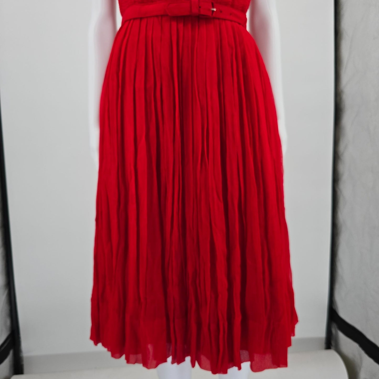 Vintage Late 1950s Syd Chicago Red Rayon Fit and Flare Belted Party Dress (S)