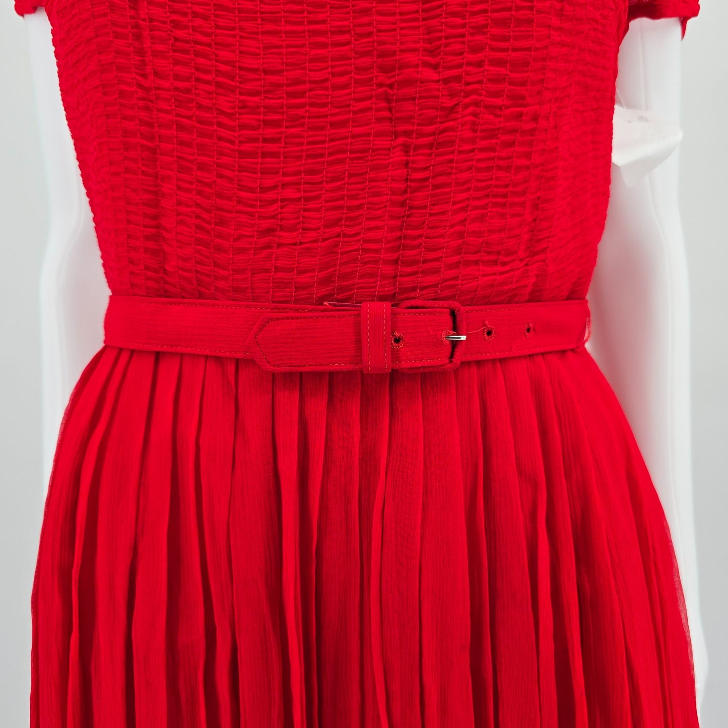 Vintage Late 1950s Syd Chicago Red Rayon Fit and Flare Belted Party Dress (S)