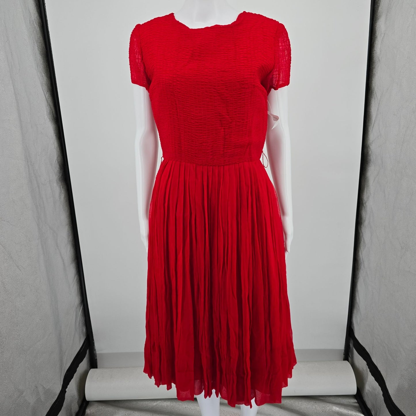 Vintage Late 1950s Syd Chicago Red Rayon Fit and Flare Belted Party Dress (S)