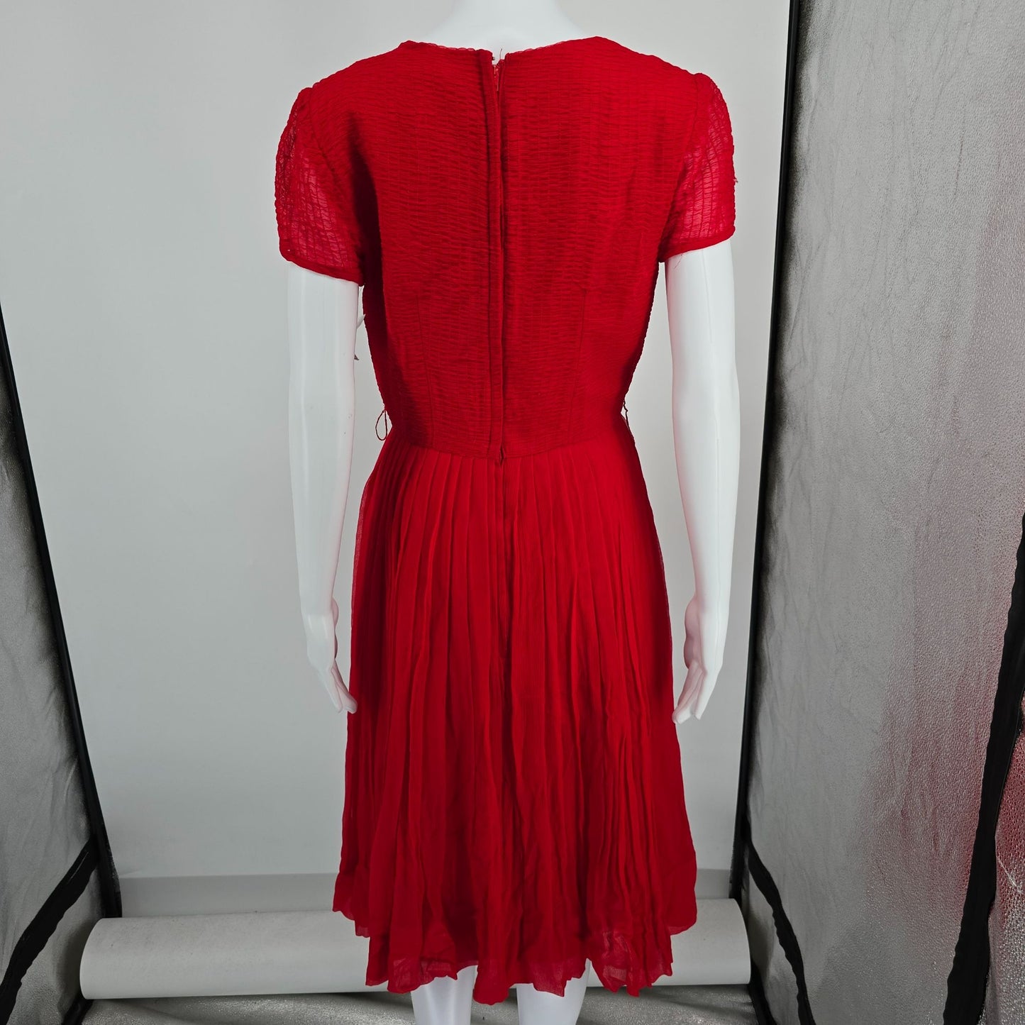 Vintage Late 1950s Syd Chicago Red Rayon Fit and Flare Belted Party Dress (S)