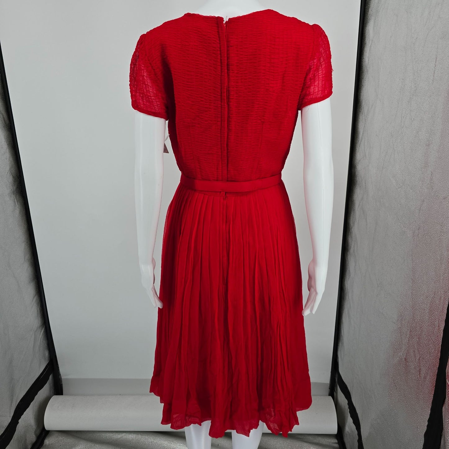 Vintage Late 1950s Syd Chicago Red Rayon Fit and Flare Belted Party Dress (S)