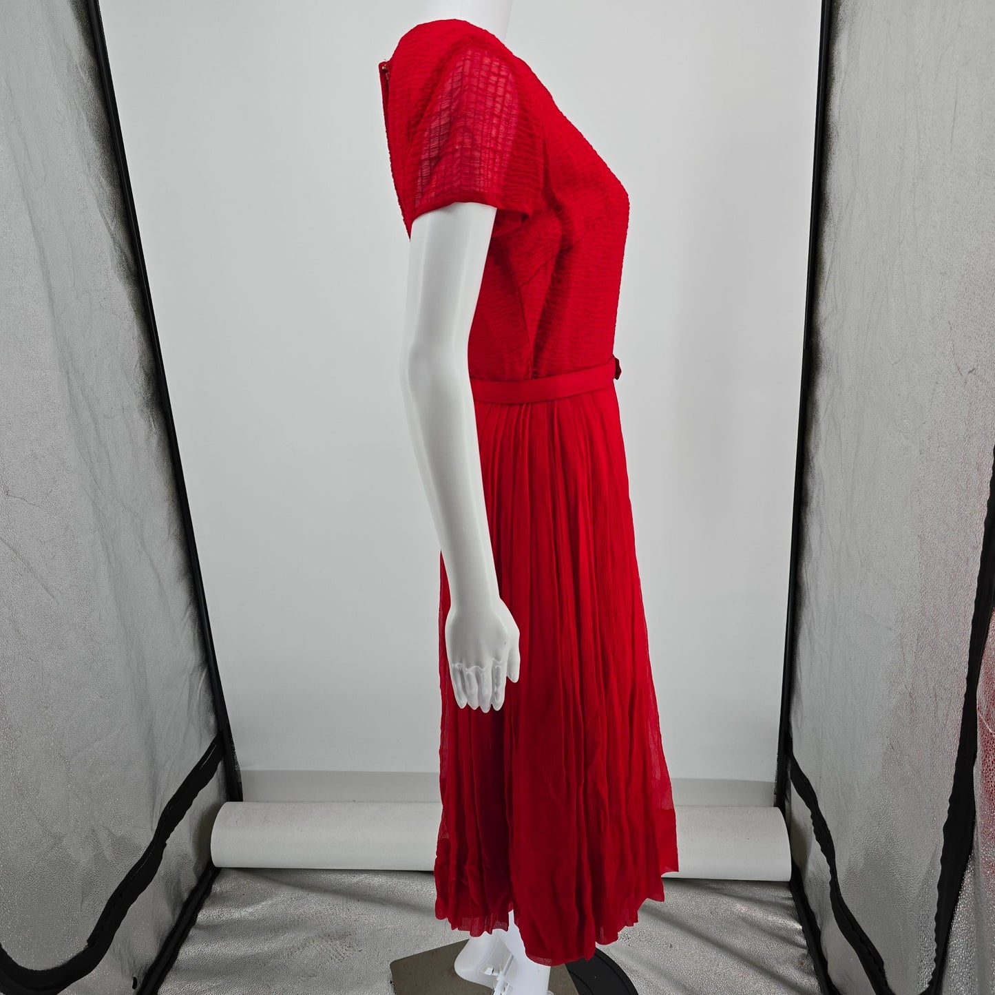 Vintage Late 1950s Syd Chicago Red Rayon Fit and Flare Belted Party Dress (S)