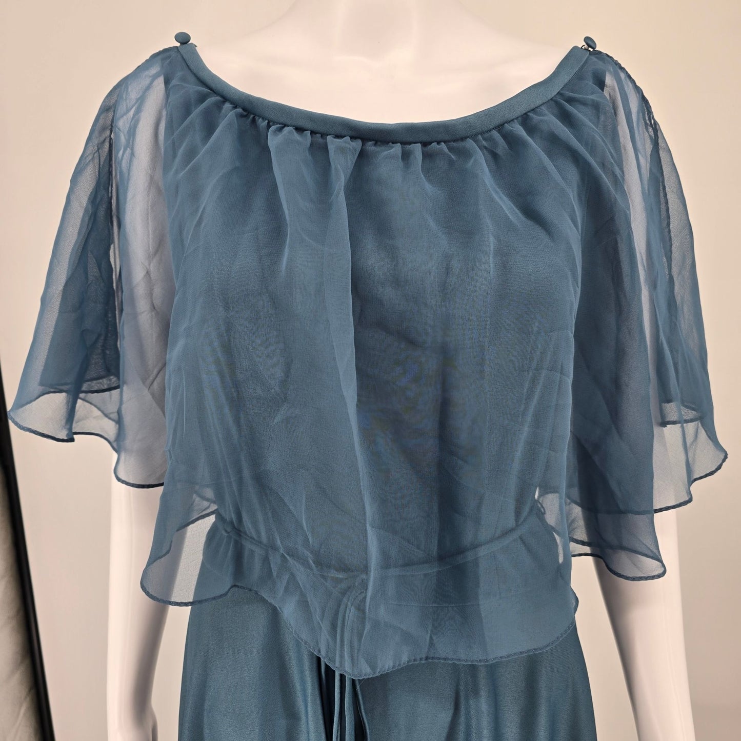 Vintage 1970s Themes Blue Chiffon Flutter Cape Disco Maxi Dress (Size 6/S)