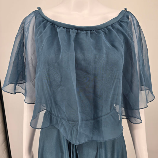 Vintage 1970s Themes Blue Chiffon Flutter Cape Disco Maxi Dress (Size 6/S)