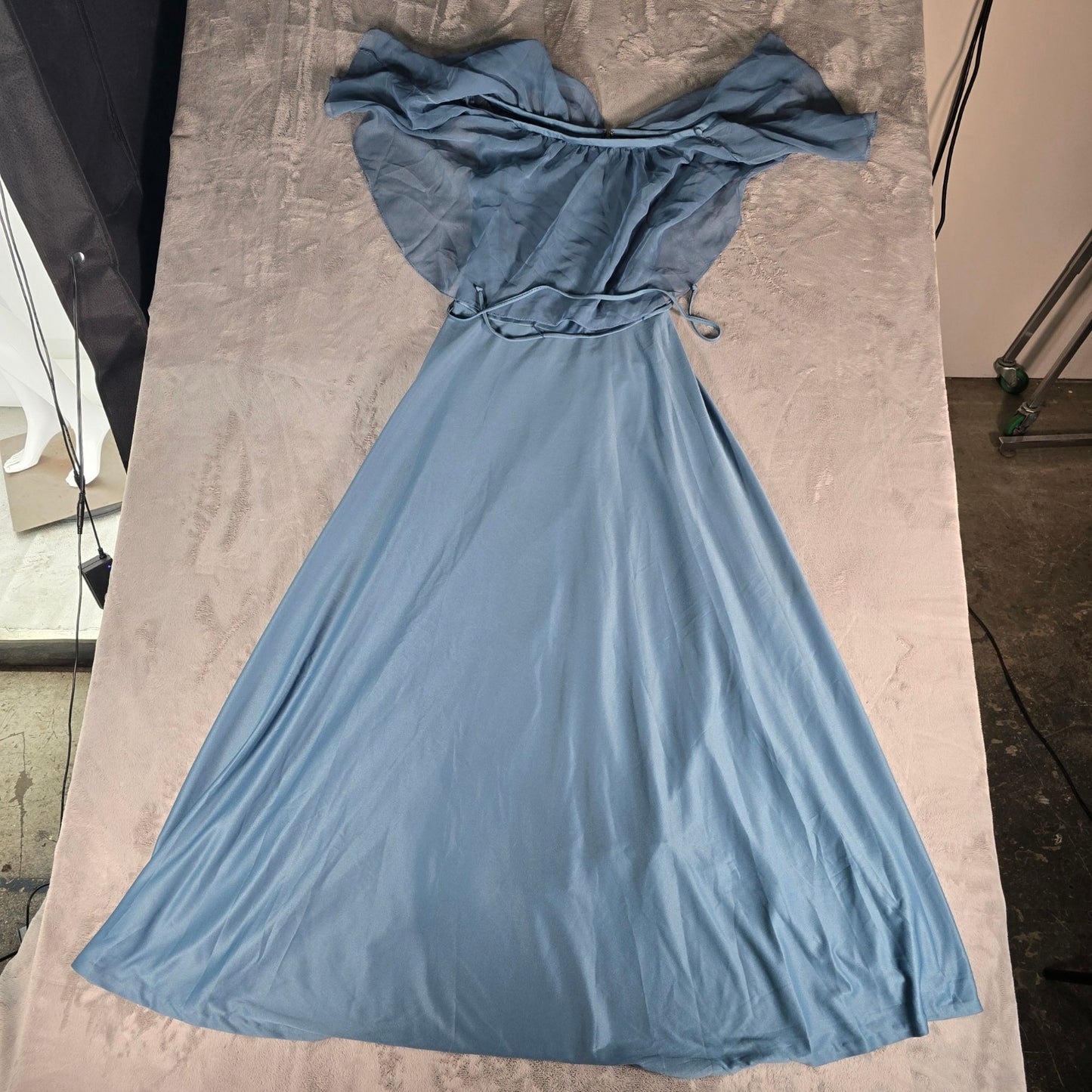Vintage 1970s Themes Blue Chiffon Flutter Cape Disco Maxi Dress (Size 6/S)