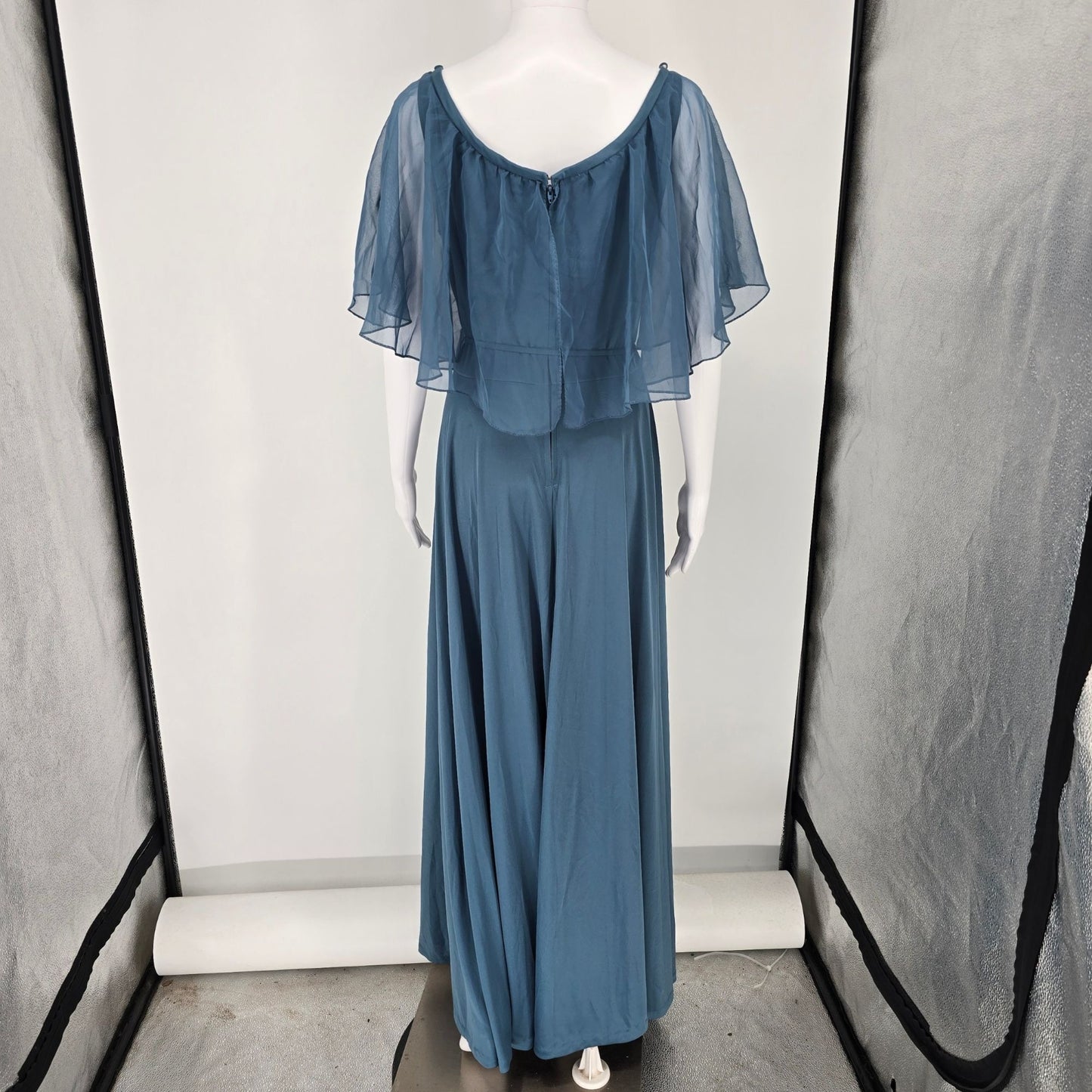 Vintage 1970s Themes Blue Chiffon Flutter Cape Disco Maxi Dress (Size 6/S)