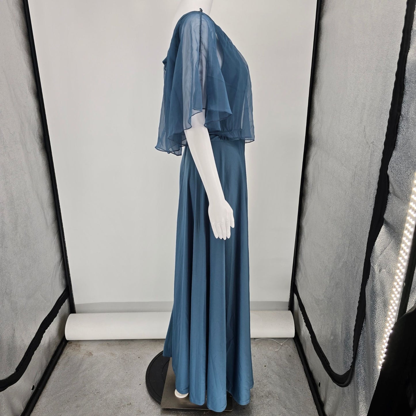 Vintage 1970s Themes Blue Chiffon Flutter Cape Disco Maxi Dress (Size 6/S)
