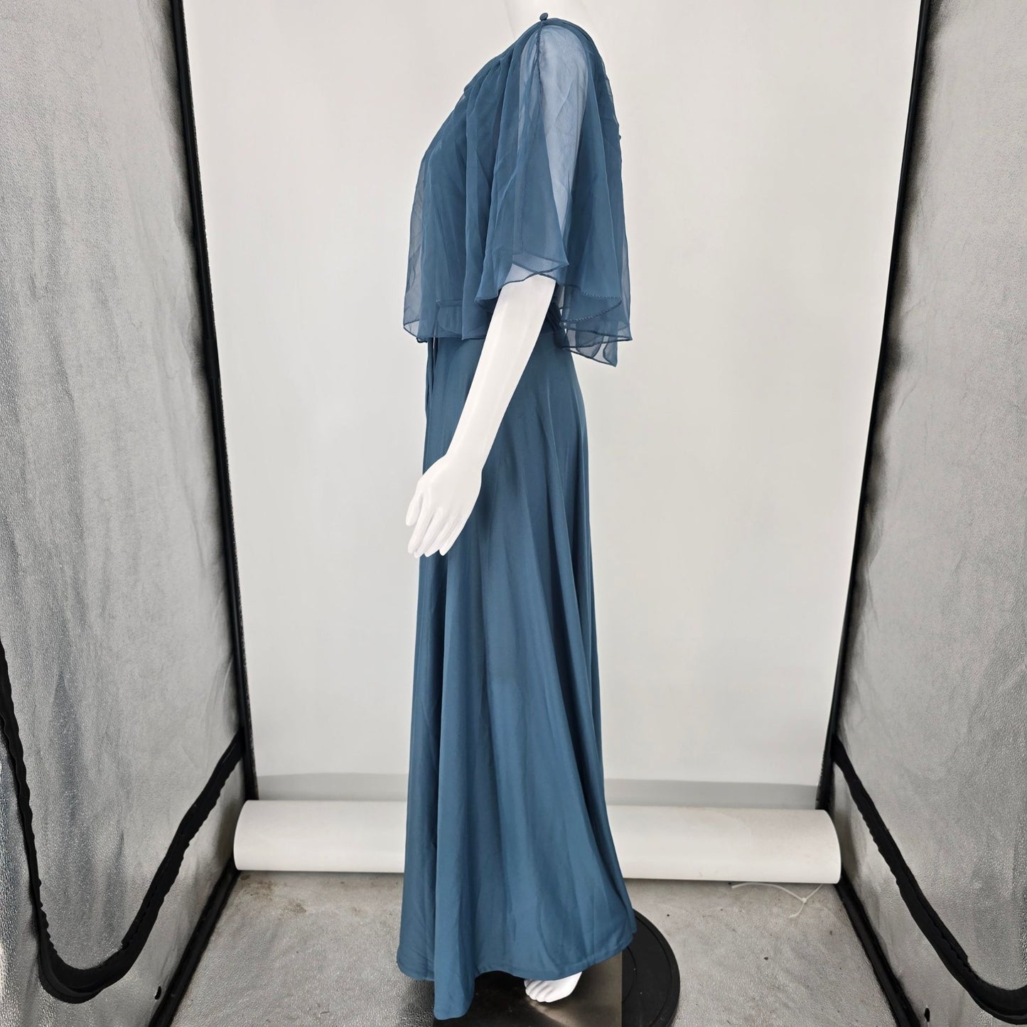 Vintage 1970s Themes Blue Chiffon Flutter Cape Disco Maxi Dress (Size 6/S)