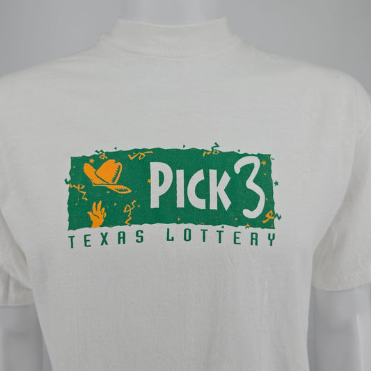 Vintage 1990s Hanes Beefy-T White Texas Lottery Pick 3 Promo T-Shirt (M/L)
