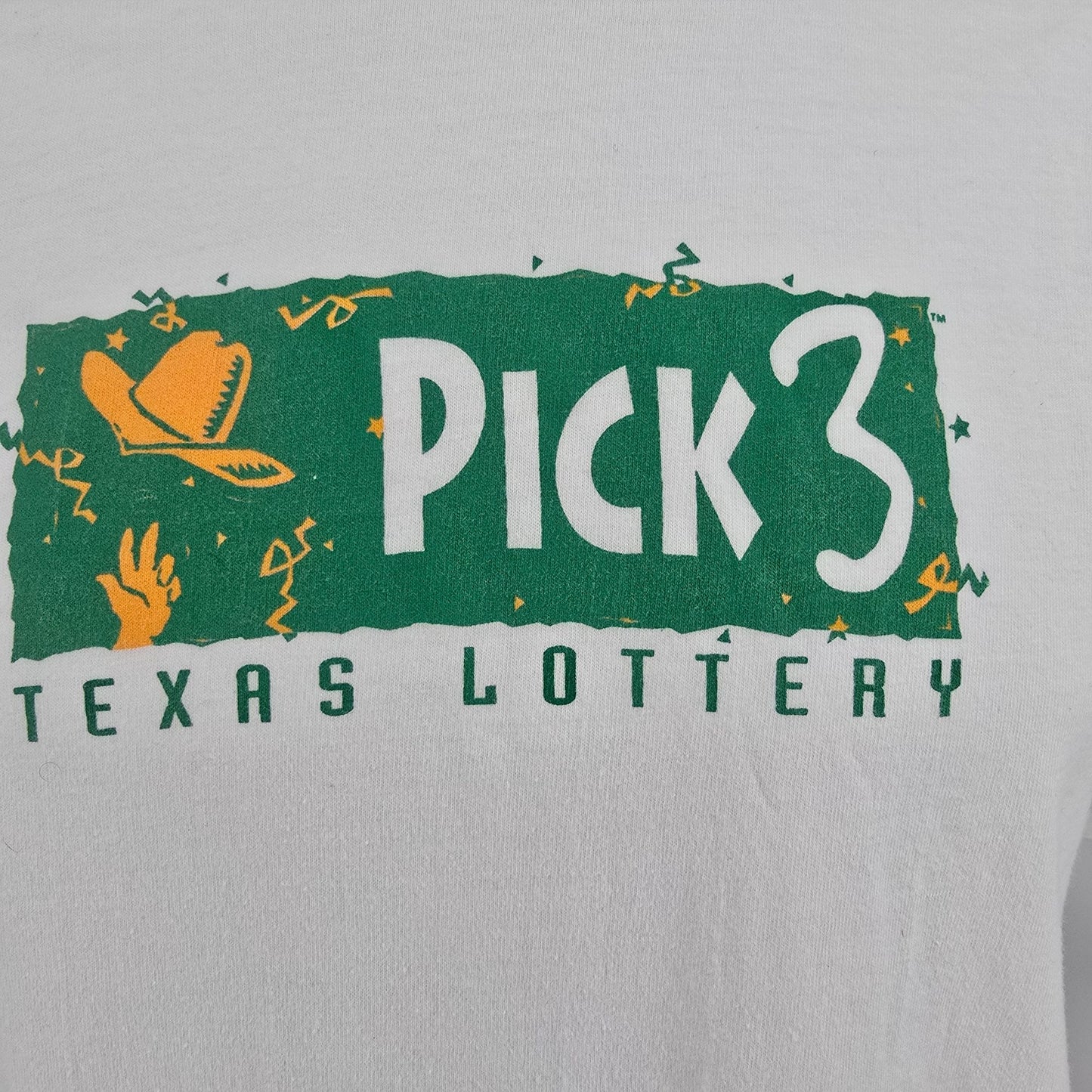 Vintage 1990s Hanes Beefy-T White Texas Lottery Pick 3 Promo T-Shirt (M/L)