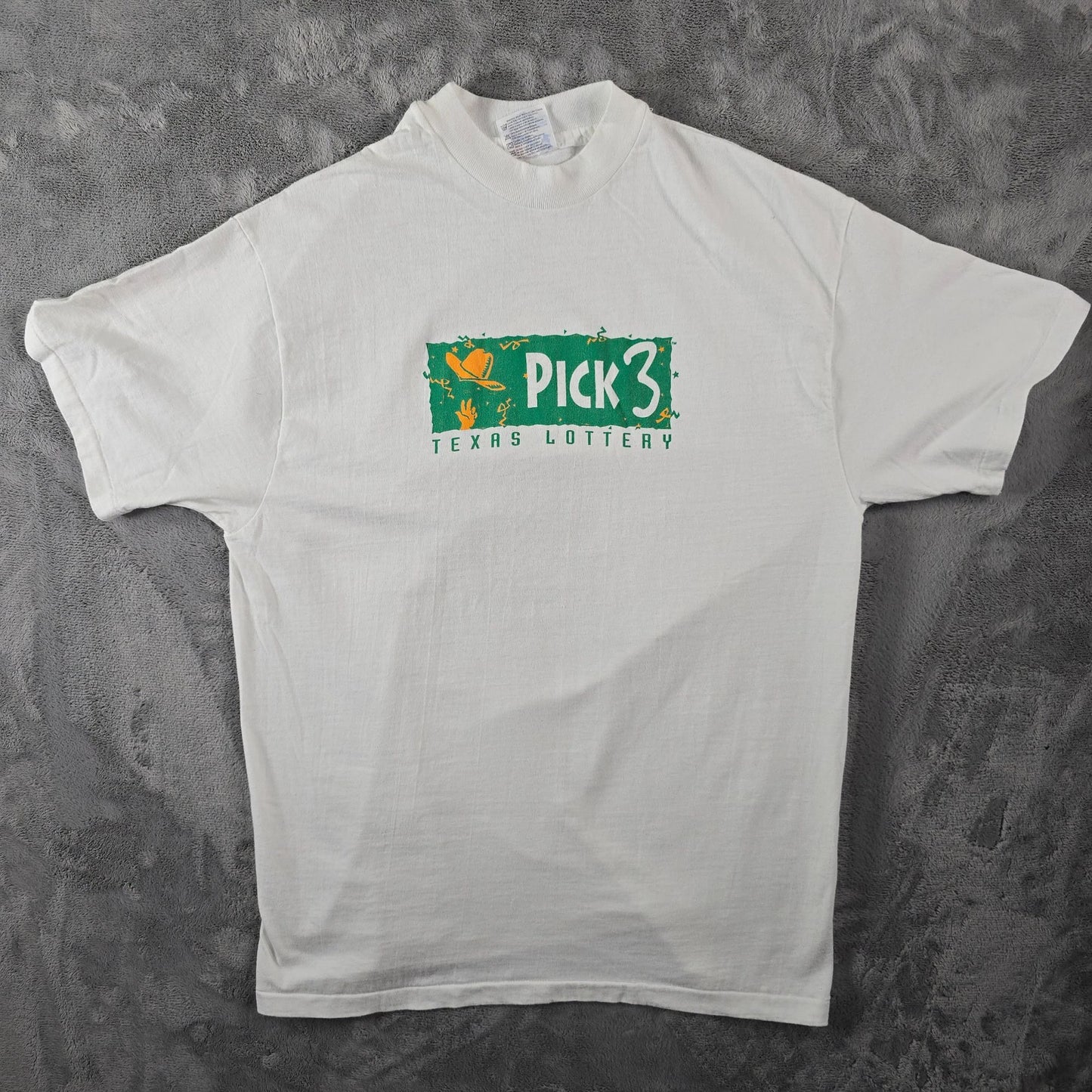 Vintage 1990s Hanes Beefy-T White Texas Lottery Pick 3 Promo T-Shirt (M/L)