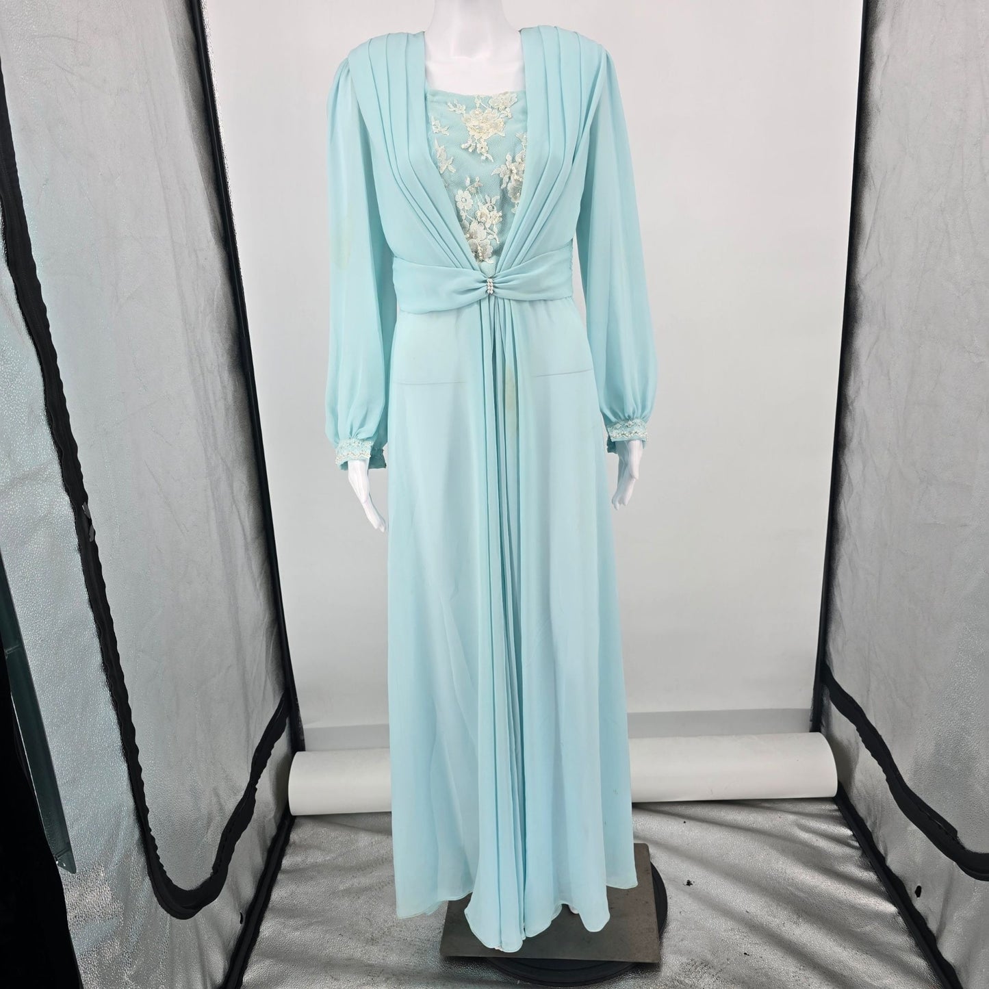 Vintage 1970s Powder Blue Chiffon Beaded Bodice Formal Maxi Dress/Gown (M)