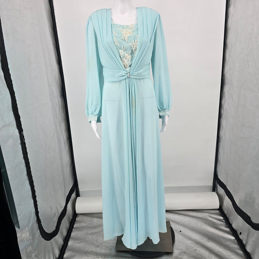 Vintage 1970s Powder Blue Chiffon Beaded Bodice Formal Maxi Dress/Gown (M)