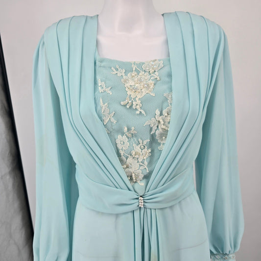 Vintage 1970s Powder Blue Chiffon Beaded Bodice Formal Maxi Dress/Gown (M)