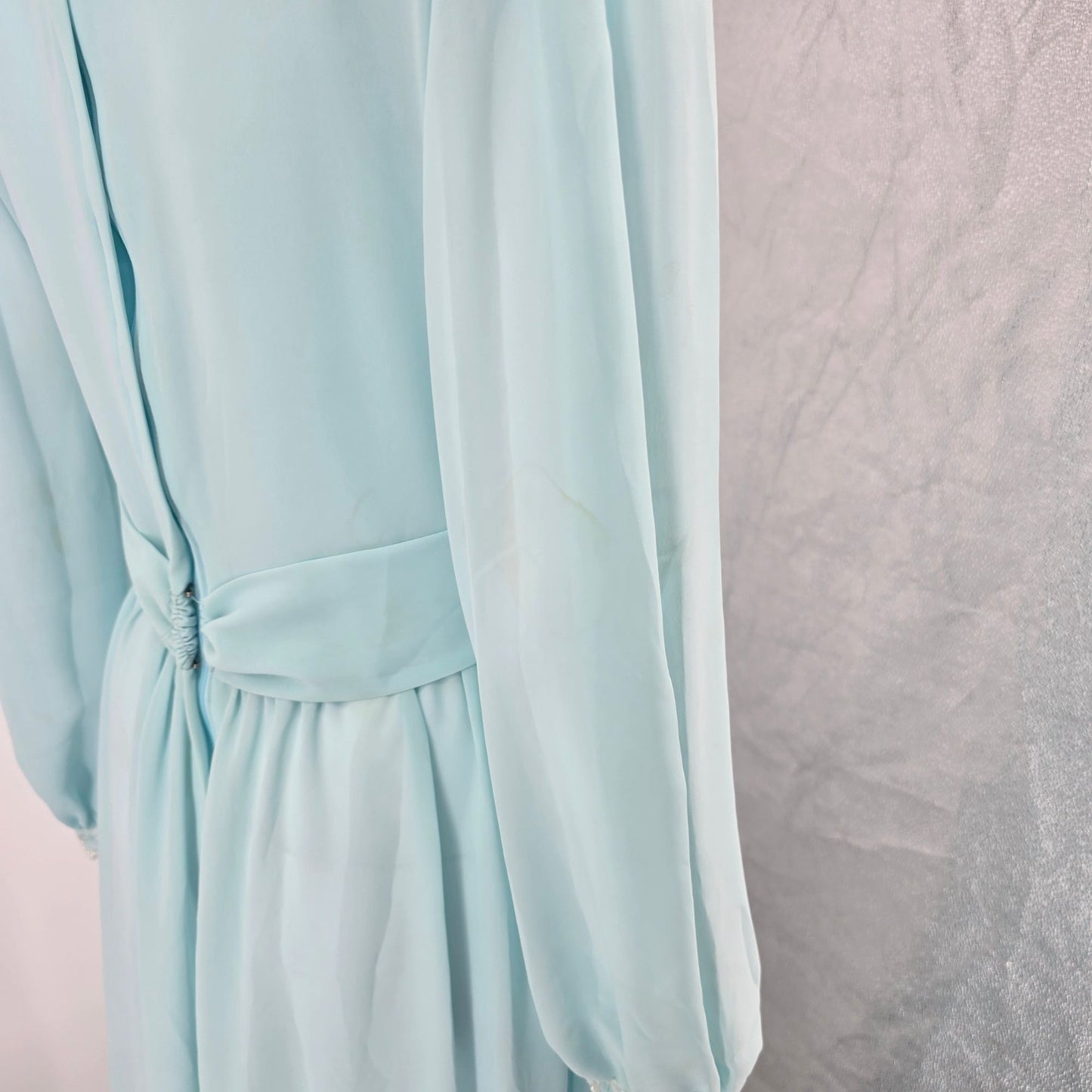 Vintage 1970s Powder Blue Chiffon Beaded Bodice Formal Maxi Dress/Gown (M)