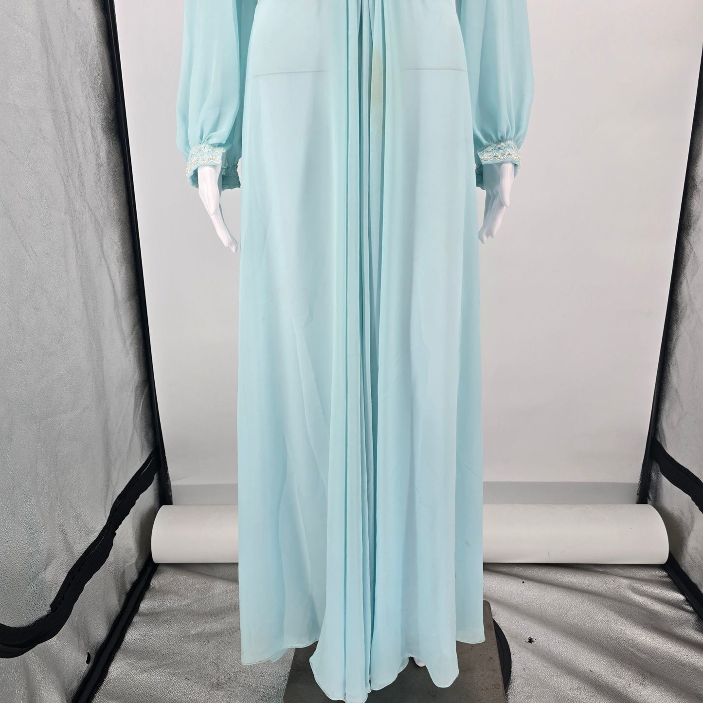 Vintage 1970s Powder Blue Chiffon Beaded Bodice Formal Maxi Dress/Gown (M)
